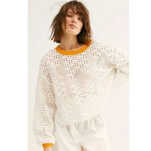 Free People Home Run Cotton Crochet Sweater Ivory‎ Orange Trim Oversized XS